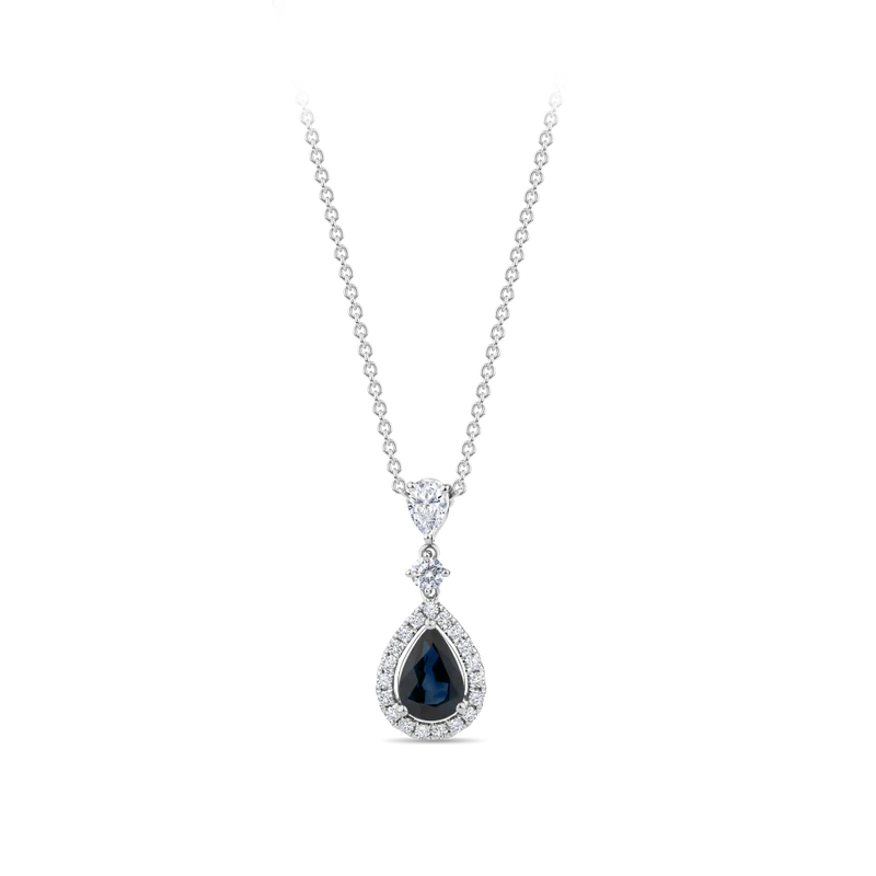 Pear Cut Sapphire and Diamond Halo Pendant