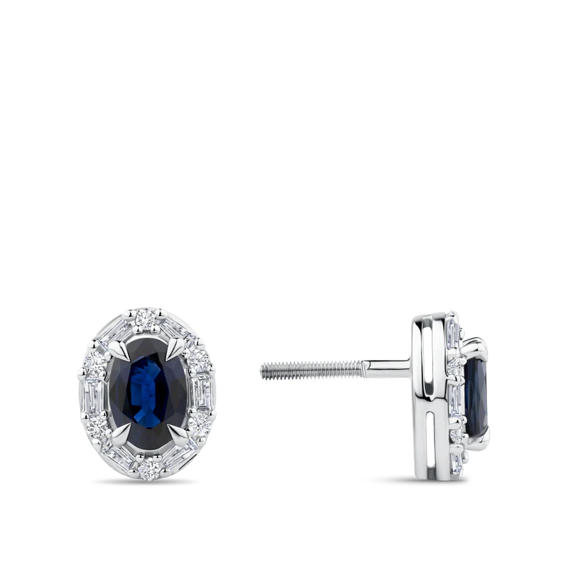 Oval Cut Sapphire and Alternating Diamond Stud Earrings