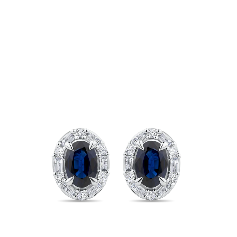 Oval Cut Sapphire and Alternating Diamond Stud Earrings