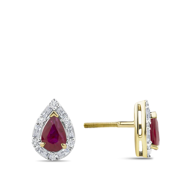 Pear Cut Ruby and Alternating Diamond Stud Earrings