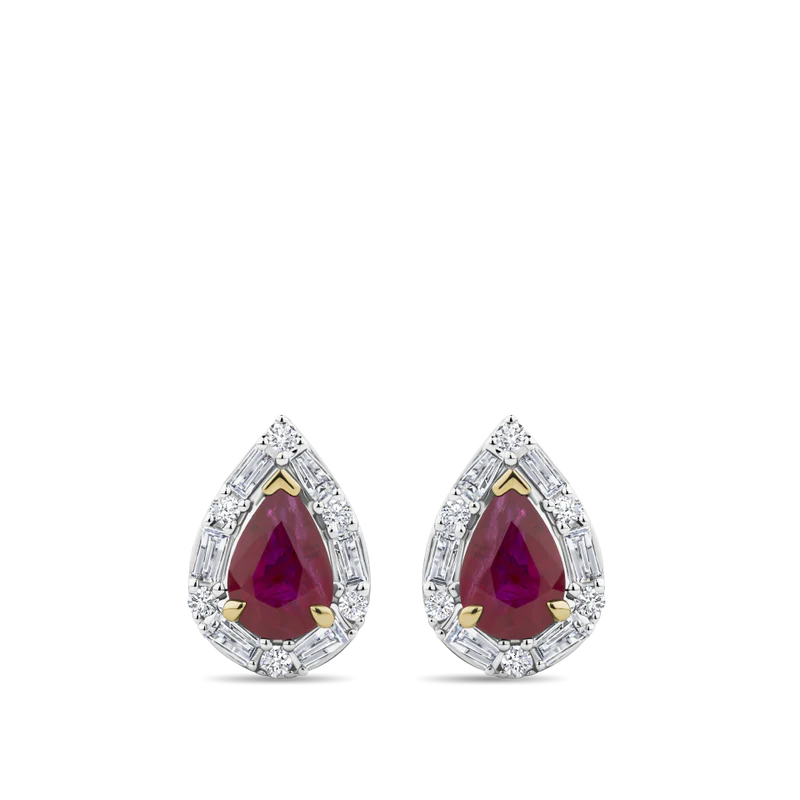 Pear Cut Ruby and Alternating Diamond Stud Earrings