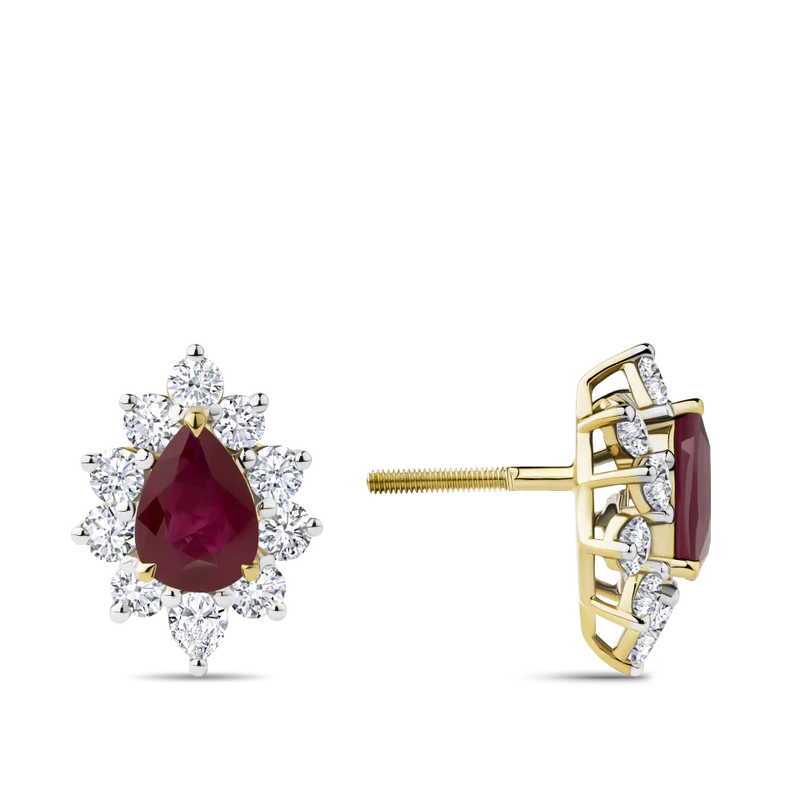 Pear Cut Ruby and Diamond Halo Stud Earrings