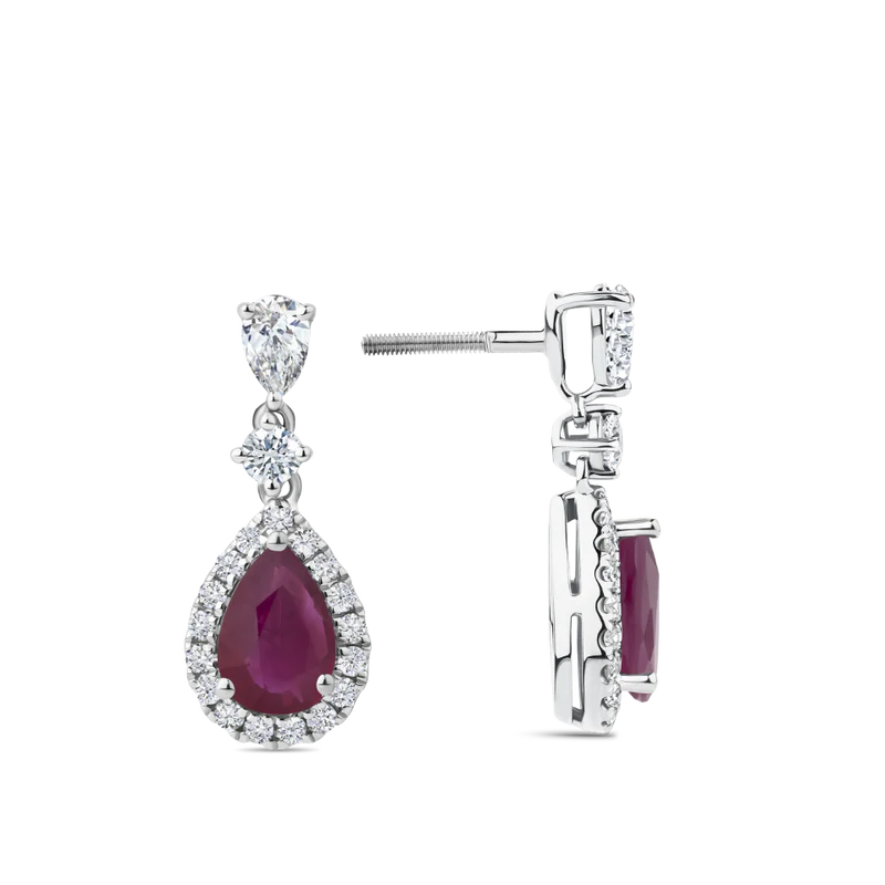 Pear Cut Ruby and Diamond Halo Drop Earrings