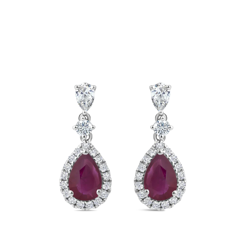 Pear Cut Ruby and Diamond Halo Drop Earrings