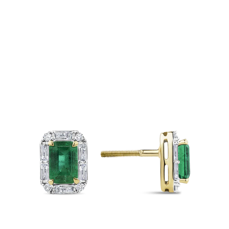 Emerald and Alternating Diamond Stud Earrings