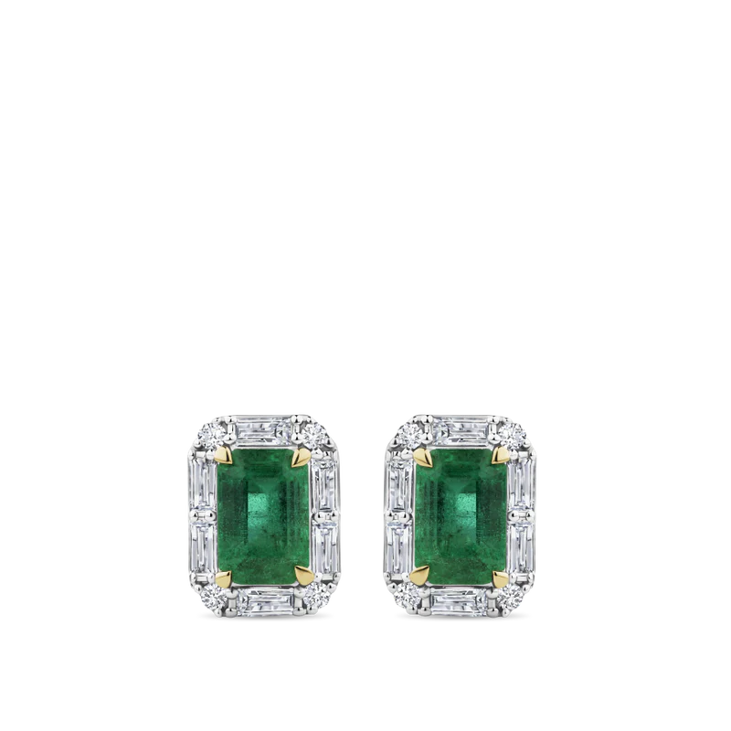 Emerald and Alternating Diamond Stud Earrings