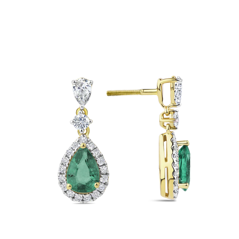 Pear Cut Emerald and Diamond Halo Drop Earrings