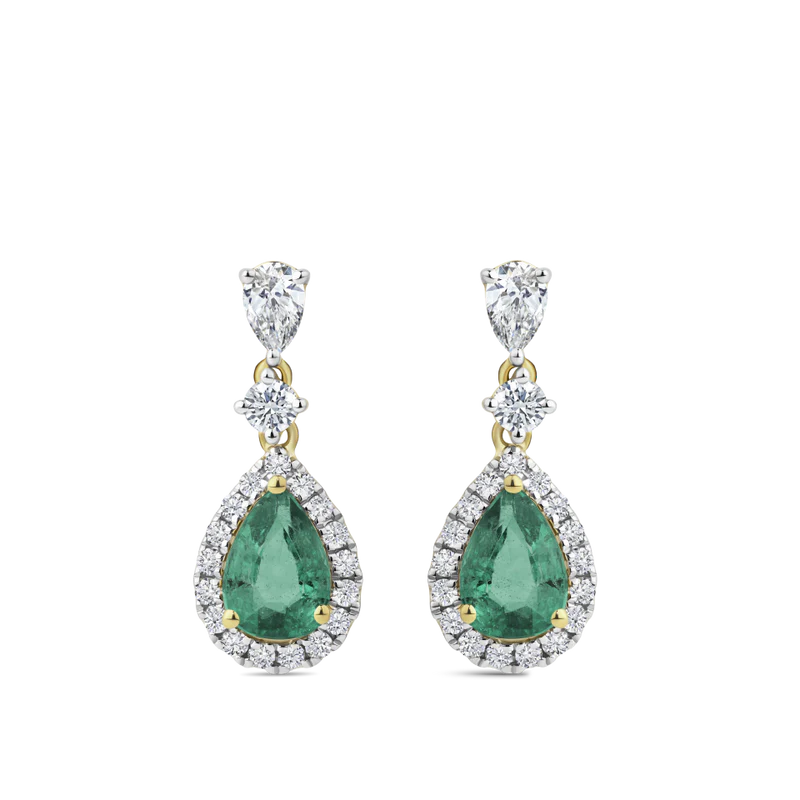 Pear Cut Emerald and Diamond Halo Drop Earrings