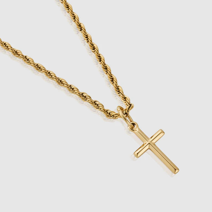 Yellow Gold Rope Chain With Cross Pendant