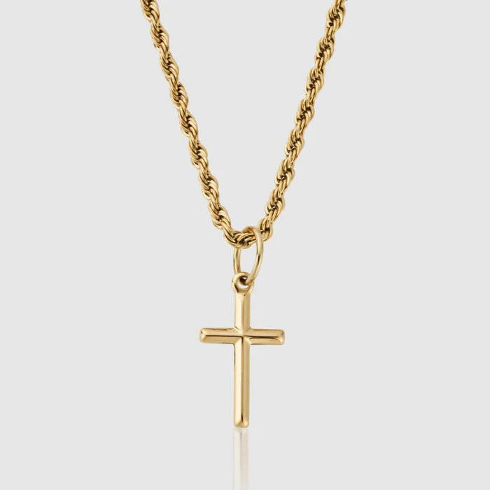 Yellow Gold Rope Chain With Cross Pendant